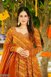 Mustard Lehariya Anarkali Kurti Pair Set